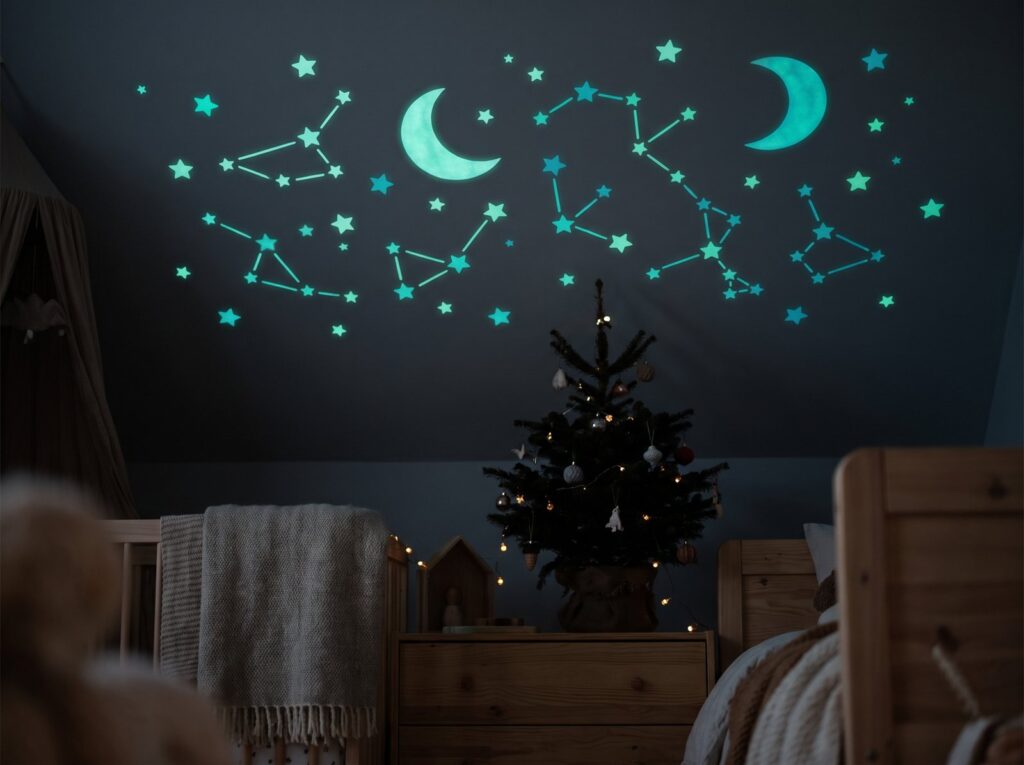 Leuchtender Sternenhimmel mit Mond an der Decke über einem kleinen Weihnachtsbaum