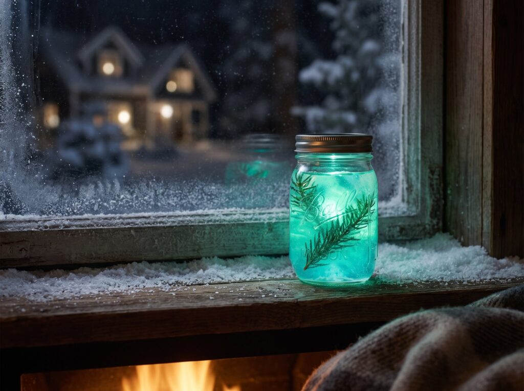 Einmachglas mit leuchtendem Gel und Tannenzweig auf verschneitem Fensterbrett